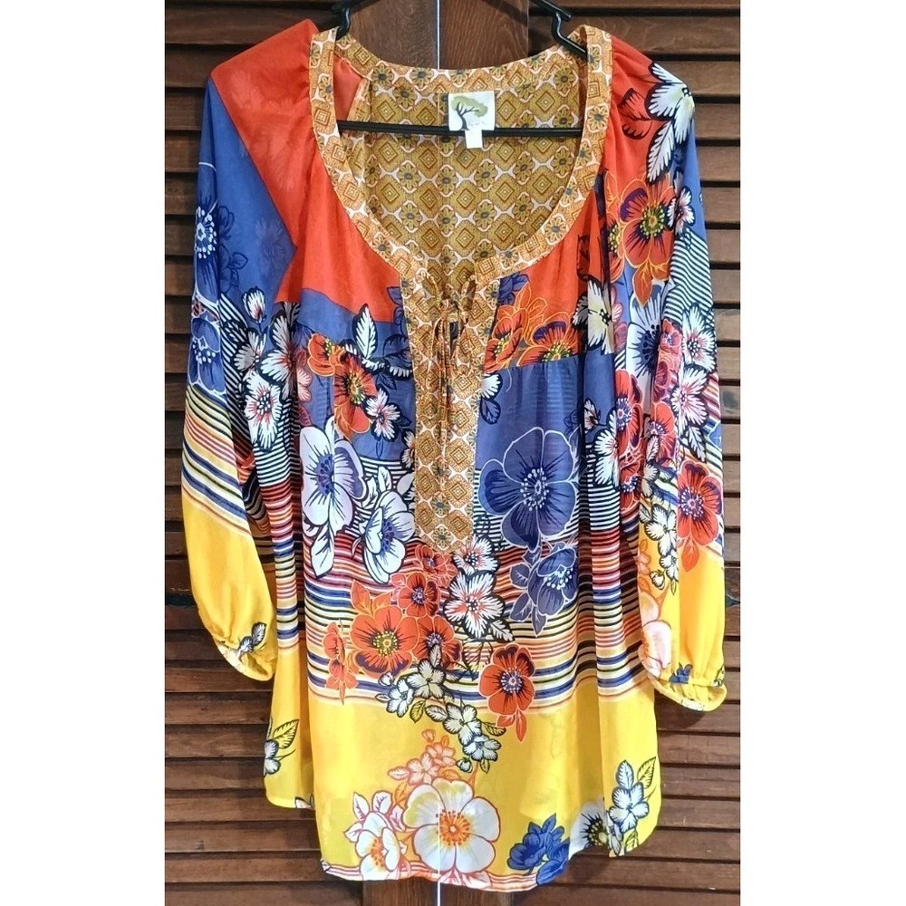 Anthro Fig & Flower Yellow Floral Print Bohemian Peasant Artsy Shirt Top‎ Sz 2X